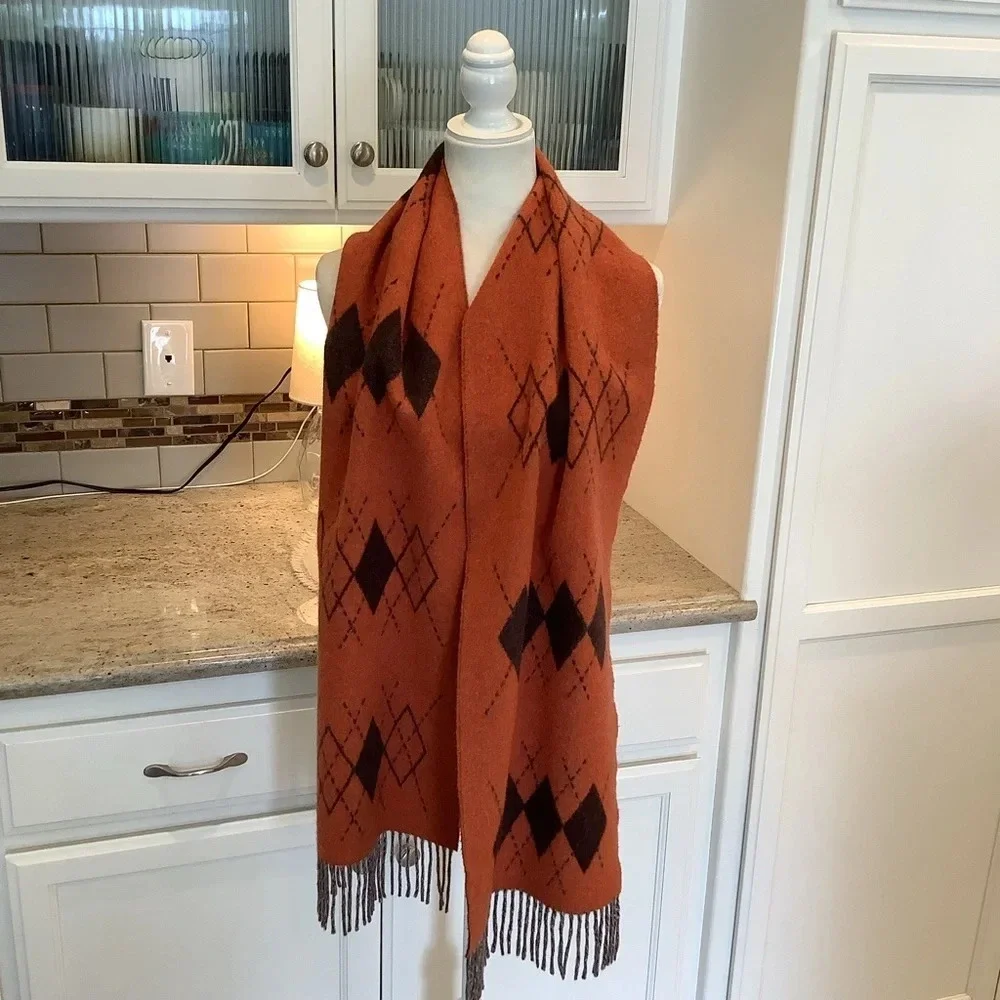 Daks Wool & Cashmere Argyle Fringe Scarf Made in Scotland Brown and Oran… - Picture 4 of 6